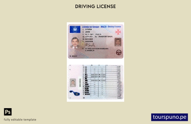 Plantilla de licencia de conducir de Malta lista para imprimir
